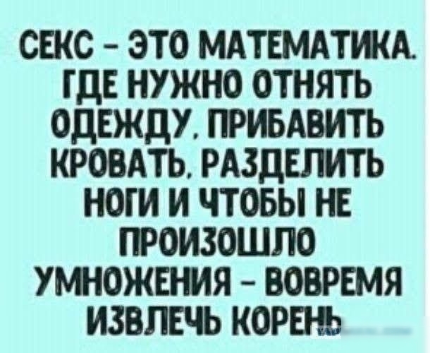 СЕКС ЭТО МАТЕМАТИКА ГДЕ НУЖНО ОТНЯТЬ ОДЕЖДУ ПРИБАВИТЬ КРОВАТЬ РАЗДЕЛИТЬ НОГИ И ЧТОБЫ НЕ ПРОИЗОШЛО УМНОЖЕНИЯ ВОВРЕМЯ ИЗВЛЕЧЬ КОРЕШ