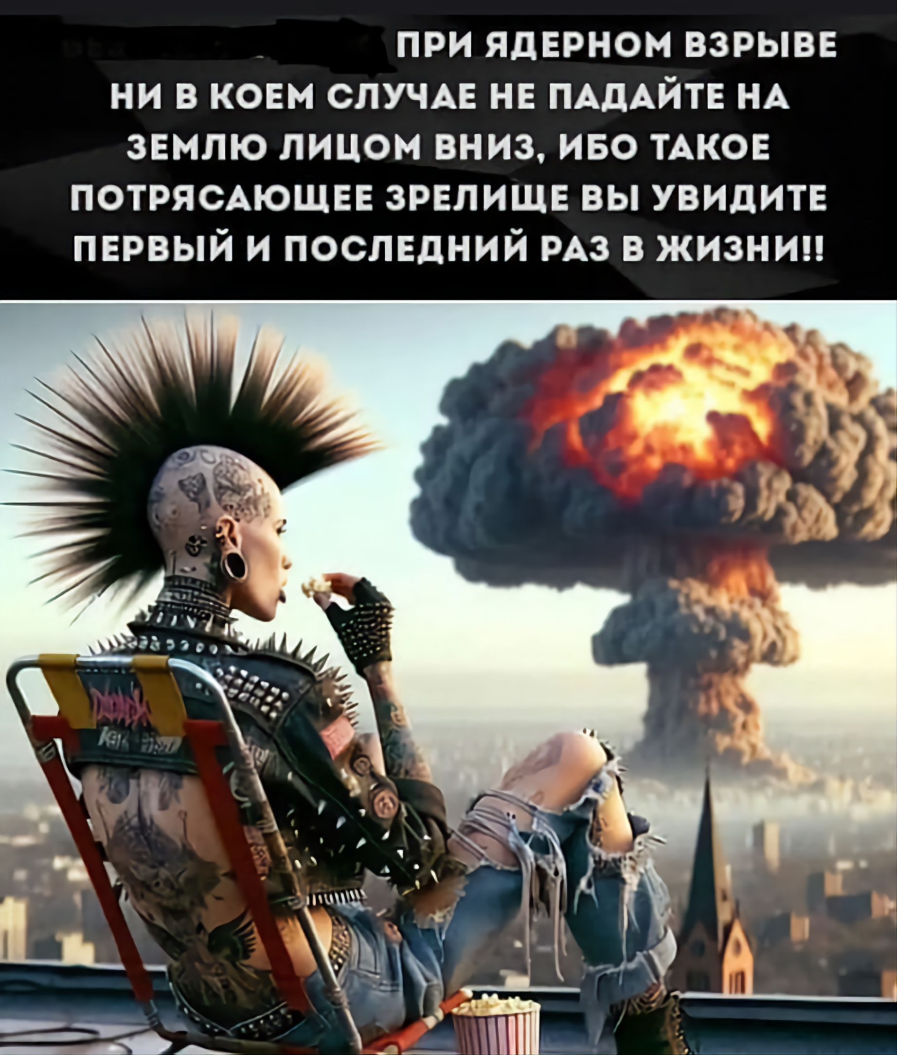 ПРИ ЯДЕРНОМ ВЗРЫВЕ НИ В КОМ СЛУЧАЕ НЕ ПАДАЙТЕ НА ЗЕМЛЮ ЛИЦОМ ВНИЗ, ИБО ТАКОЕ ПОТРЯСАЮЩЕЕ ЗРЕЛИЩЕ ВЫ УВИДИТЕ ПЕРВЫЙ И ПОСЛЕДНИЙ РАЗ В ЖИЗНИ!!