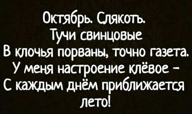 Октябрь. Слякоть.
Тучи свинцовые
В ключах порваны, точно газета.
У меня настроение клёвое –
С каждым днём приближается лето!