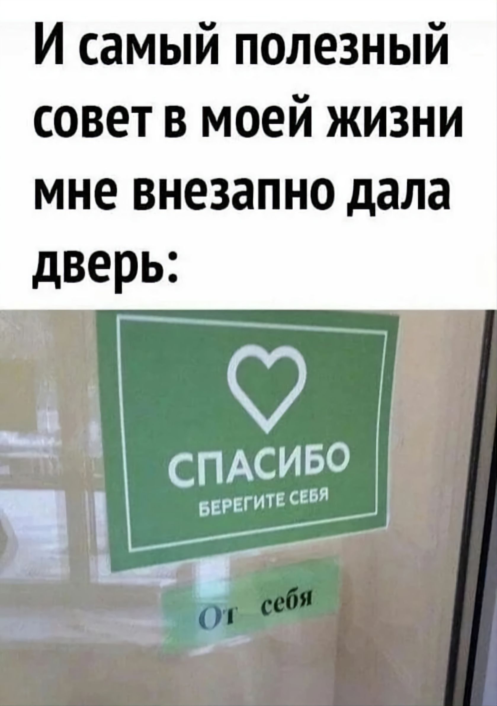 И самый полезный совет в моей жизни мне внезапно дала дверь: СПАСИБО БЕРЕГИТЕ СЕБЯ От себя