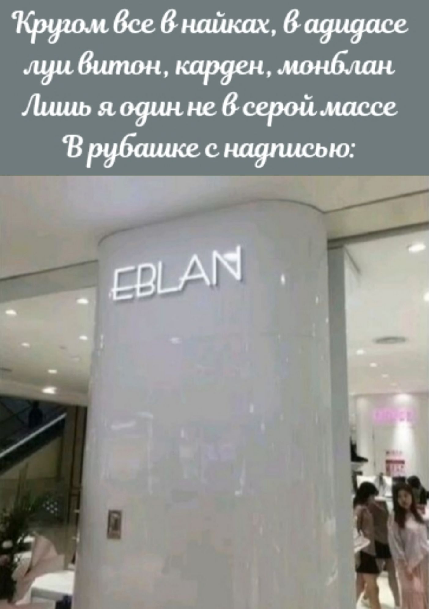 Кругом все в найках, в адидасе
луи витон, кардэн, монтблан
Лишь я один не в серой массе
В рубашке с надписью:
EBLAN