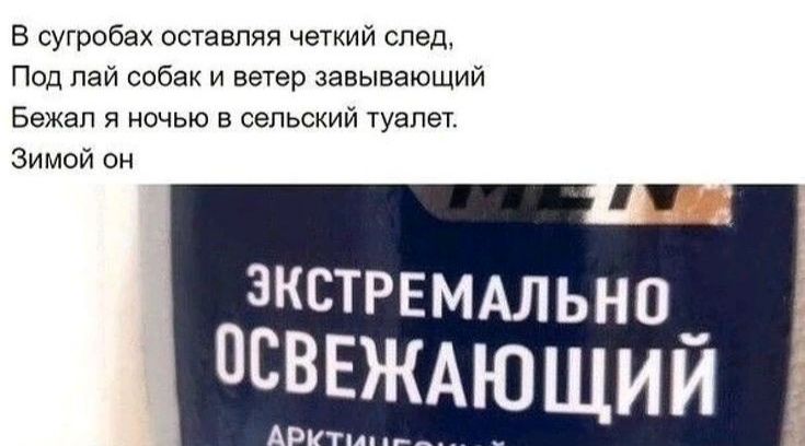 В сугробах оставляя четкий след,
Под лай собак и ветер завывающий,
Бежал я ночью в сельский туалет.
Зимой он

ЭКСТРЕМАЛЬНО
ОСВЕЖАЮЩИЙ
АРКТИЧЕСКИЙ