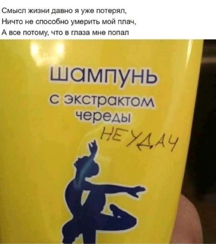 Смысл жизни давно я уже потерял,
Ничто не способно умерить мой плач,
А всё потому, что в глаза мне попал
шампунь с экстрактом череды НЕНУДАЧ.