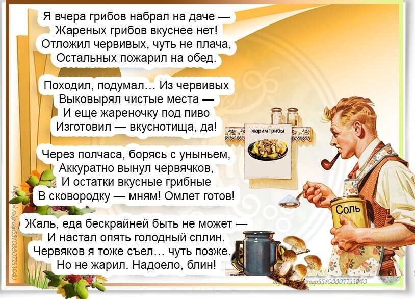Я вчера грибов набрал на даче —
Жареных грибов вкуснее нет!
Отложил червивых, чуть не плача,
Остальных пожарил на обед.

Пошел, подумал... Из червивых
Выкладывал чистые места —
И еще жареночку под пиво
Изготовил — вкуснотища, да!

Через полчаса, борясь с унылым,
Аккуратно вытащил червивых,
И остатки вкусные грибные
В сковородку — мням! Омлет готов!

Жаль, еда бескрайне быть не может —
И настал_optg голодный шплин.
Червяков я тоже съел... Ух ты, поздно.
Но не жариф. Надею, блин!