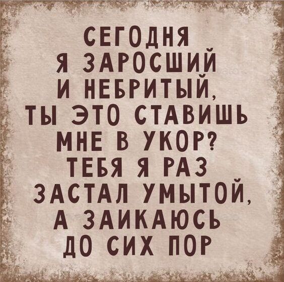 СЕГОДНЯ Я ЗАРОСШИЙ И НЕБРИТЫЙ, ТЫ ЭТО СТАВИШЬ МНЕ В УКОР? ТЕБЯ Я РАЗ ЗАСТАЛ УМЫТОЙ, А ЗАИКАЮСЬ ДО СИХ ПОР