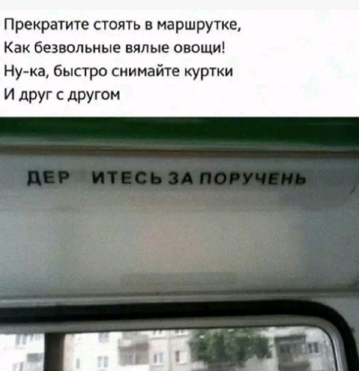 Прекратите стоять в маршрутке, Как безвольные вяльые овощи! Ну-ка, быстро снимайте куртки И друг с другом\nДЕР ИТЕШЬ ЗАПОРУЧЕНЬ