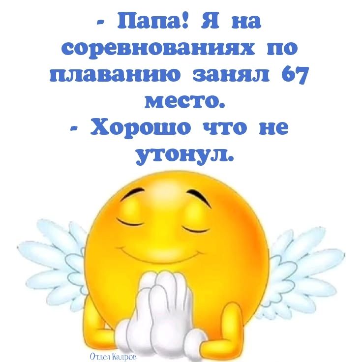 - Папа! Я на соревнованиях по плаванию занял 67 место. - Хорошо что не утонул.