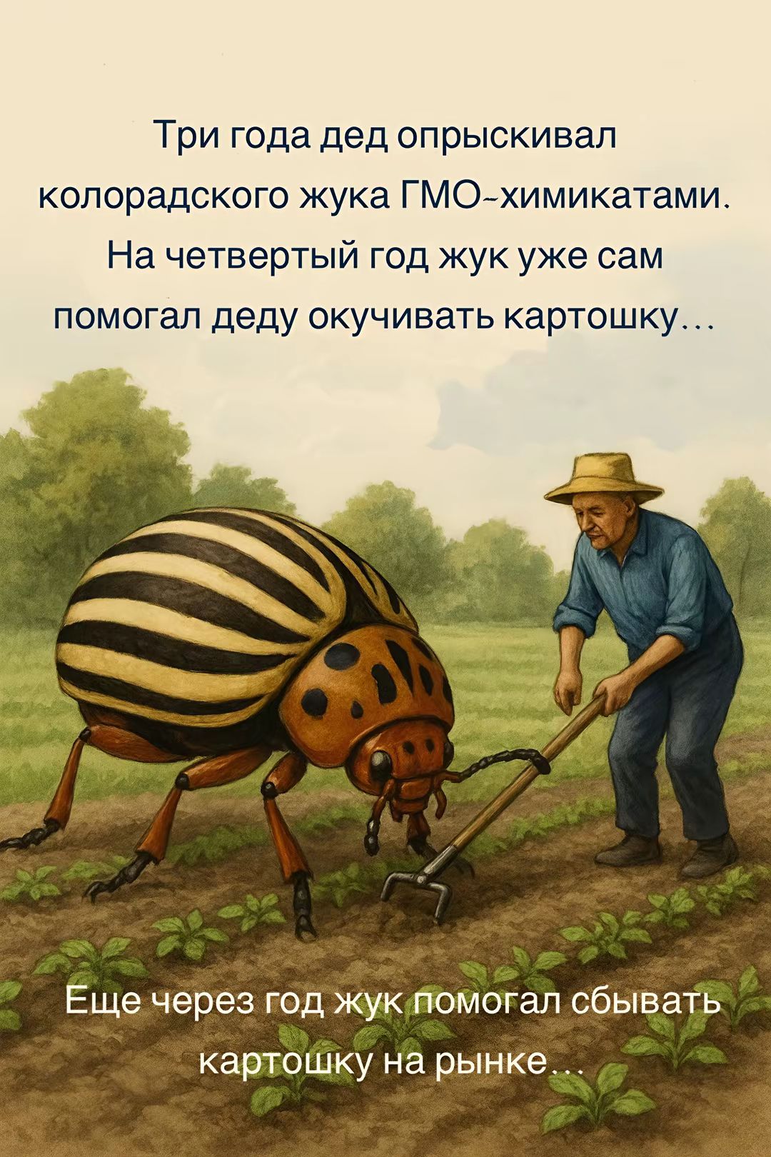 Три года дед опрыскивал колорадского жука ГМО-химикатами. На четвертый год жук уже сам помогал деду окучивать картошку… Еще через год жук помогал сбивать картошку на рынке ...