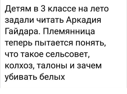 Детям в 3 классе на лето задали читать Аркадия Гайдара Племянница теперь пытается понять что такое сельсовет колхоз талоны и зачем убивать белых