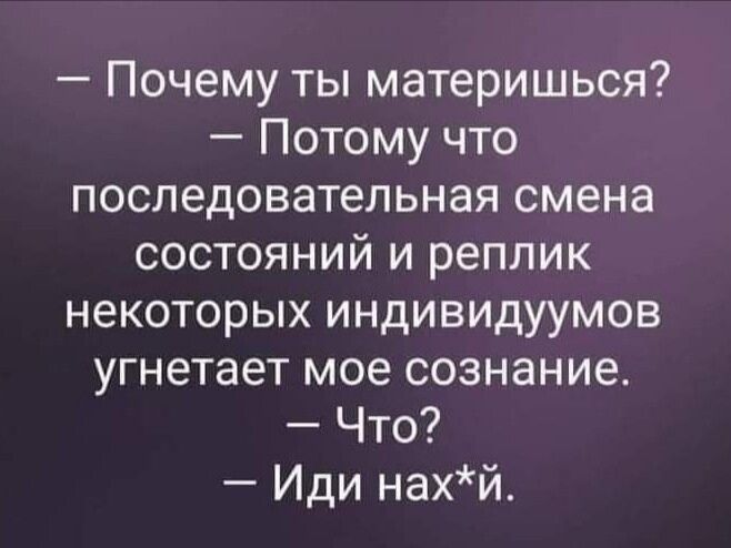 Почему ты материшься Потому что последовательная смена состояний и реплик некоторых индивидуумов угнетает мое сознание Что Иди нахй