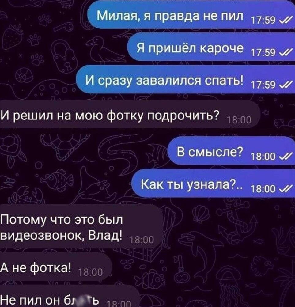 Милая я правда не пил 1759 Я пришёл кароче 59 И сразу завалился спать 1759 И решил на мою Фотку подрочить в смысле Как ты узнапн 1800 Потому что это был видеозвонок Влад А не фотка Не пил он биь