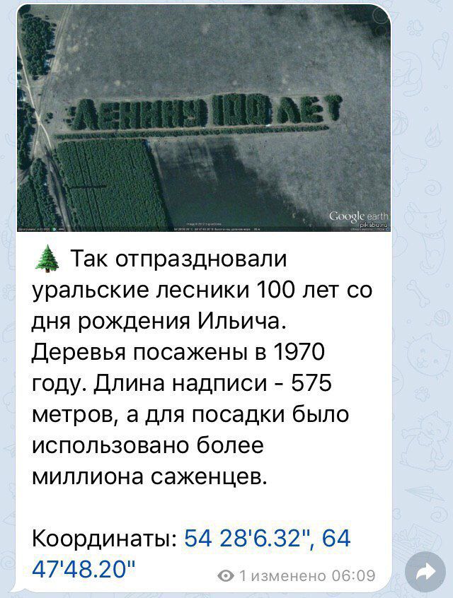 Так отпраздновали уральские лесники 100 лет со дня рождения Ильича Деревья посажены в 1970 году Длина надписи 575 метров а для посадки было использовано более миллиона саженцев Координаты 54 28632 64 474820