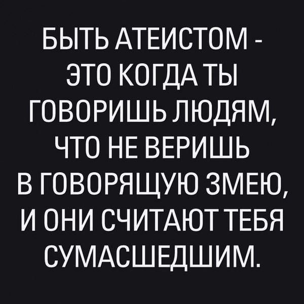 БЫТЬ АТЕИСТОМ ЭТО КОГДА ТЫ ГОВОРИШЬ ЛЮДЯМ ЧТО НЕ ВЕРИШЬ В ГОВОРЯЩУЮ ЗМЕЮ И ОНИ СЧИТАЮТТЕБЯ СУМАСШЕДШИМ