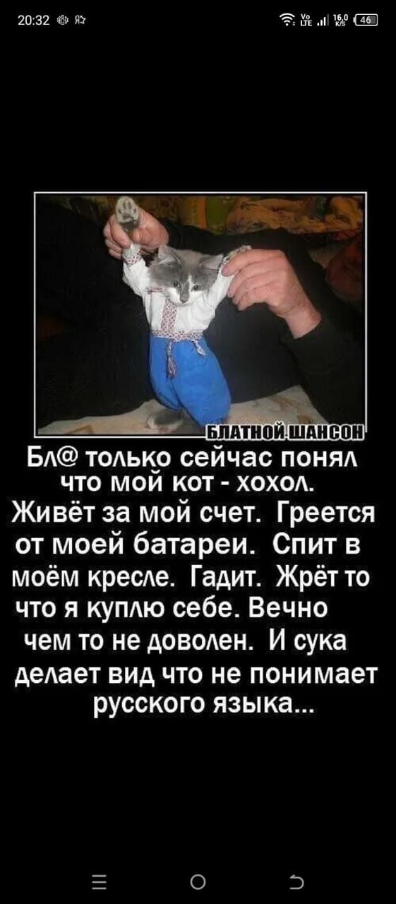 55 2032 на из Н БА толькр сейчас понял что мои кот хоход Живёт за мой счет Греется от моей батареи Спит в моём кресле Гадит Жрёт то что я куплю себе Вечно чем то не доволен И сука деАает ВИД ЧТО не ПОНИМЗЕТ РУССКОГО языка 0 Ш