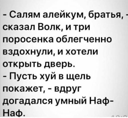 Сапям алейкум братья сказал Волк и три поросенка облегченно вздохнули и хотели открыть дверь Пусть хуй в щель покажет вдруг догадался умный Наф НаФ