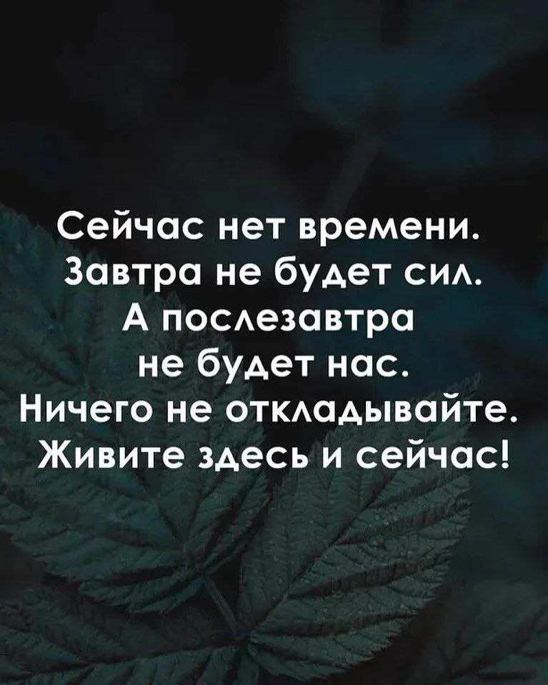 Сейчас нет времени Завтра не будет сид А посдезавтра не будет нас Ничего не откдадывойте Живите здесь и сейчас