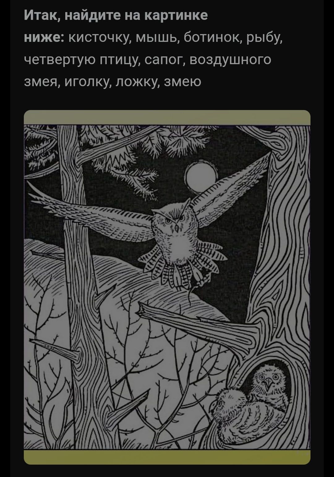 Итак найдите на картинке ниже кисточку мышь ботинок рыбу четвертую птицу сапог воздушного змея иголку ложку змею