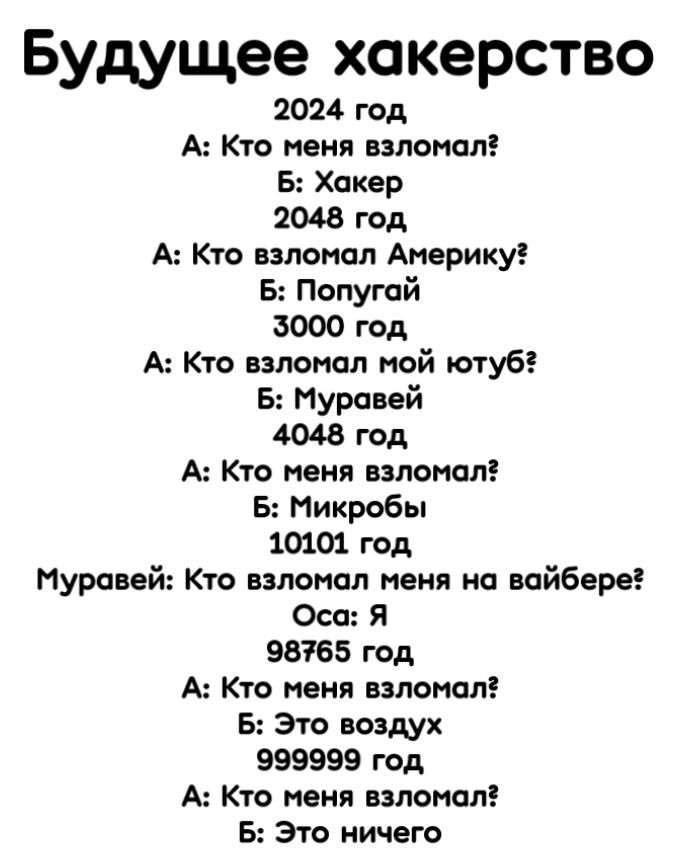 Будущее хакерство 2024 год А Кто меня взломал Б Хакер 2648 Год А Кто пленил Аперику Б Попугай 3000 год А Кто взломал ной ютуб Б Муравей 4043 год А Кто не взломал Б Микробы 10101 ГОА Муравей Кто лапал меня а найбере Оса Я 98765 год А Кто пеня взломал Б зто воздух 999999 год А Кто пеня взломал Б Это ничего