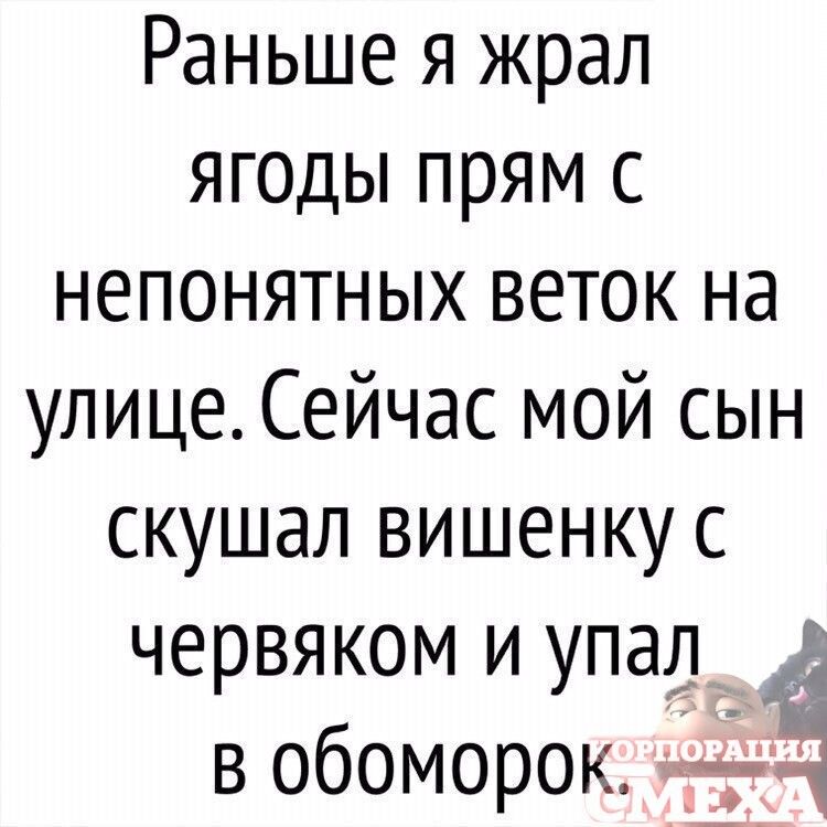 Раньше я жрал ягоды прям с непонятных веток на улице Сейчас мой сын скушал вишенку с червяком и упад в обоморок _