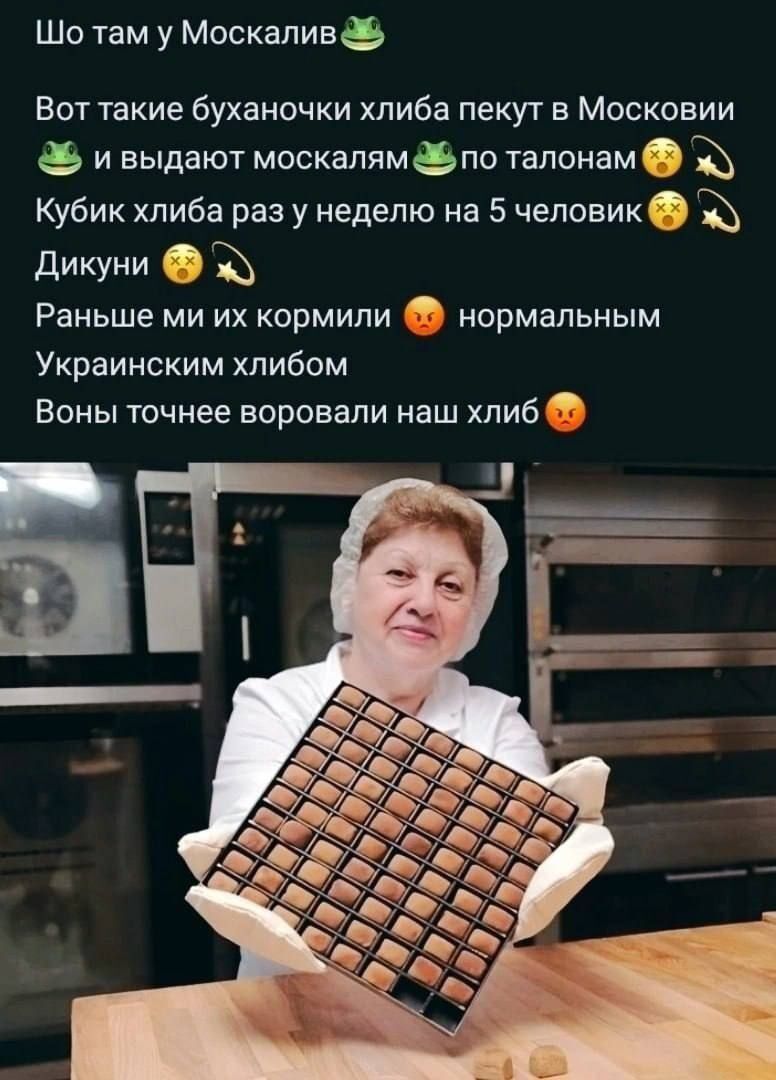 Шо там у Москапивё Вот такие буханочки хлиба пекут в Московии и выдают москвлямёпа талонам Ъ Кубик хпиба раз у неделю на 5 чеповик Ъ дикуии Раньше ми их кормили нормальным Украинским хлибом Воны точнее воровали наш хлиб