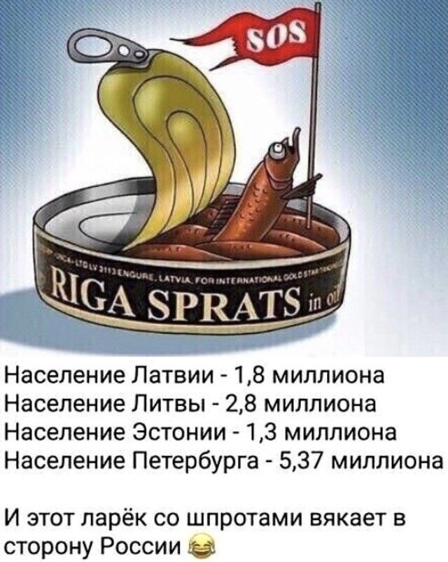 Население Латвии 18 миллиона Население Литвы 28 миллиона Население Эстонии 13 миллиона Население Петербурга 537 миллиона И этот ларек со шпротами вякает в сторону России
