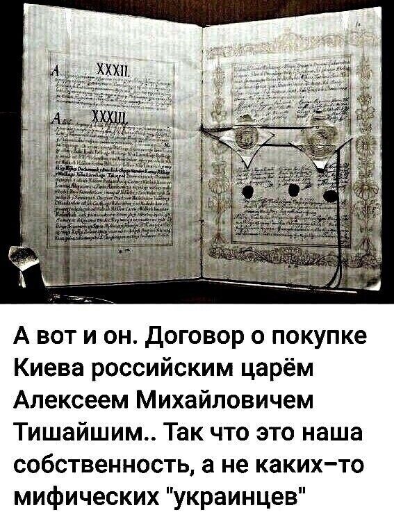 А вот и он договор о покупке Киева российским царём Алексеем Михайловичем Тишайшим Так что это наша собственность а не каких то мифических украинцев