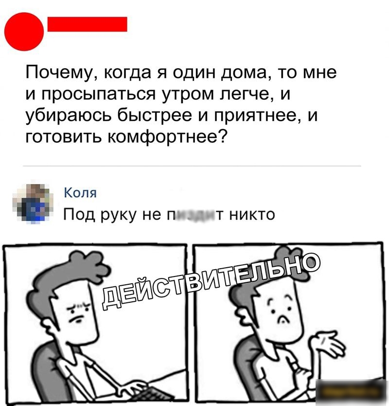 Почему когда я один дома то мне и просыпаться утром легче и убираюсь быстрее и приятнее и готовить комфортнее Коля Под руку не п т никто