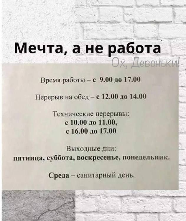 Мечта а не работа Время райогы с 900 дп поо Перерыв на обед с 1100 до 1400 Тсхиические перерывы юм 11011110 с 1600 по по Выхошяые дии пятиицв суббо воскресенье ппц спельиик Среда санитарный день