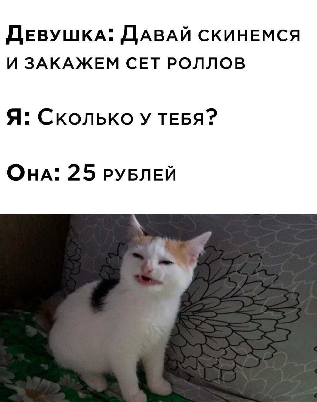 дЕВУШКА ДАВАЙ скинемся и ЗАКАЖЕМ сет роллов Я Сколько у ТЕБЯ Ом 25 РУБЛЕЙ