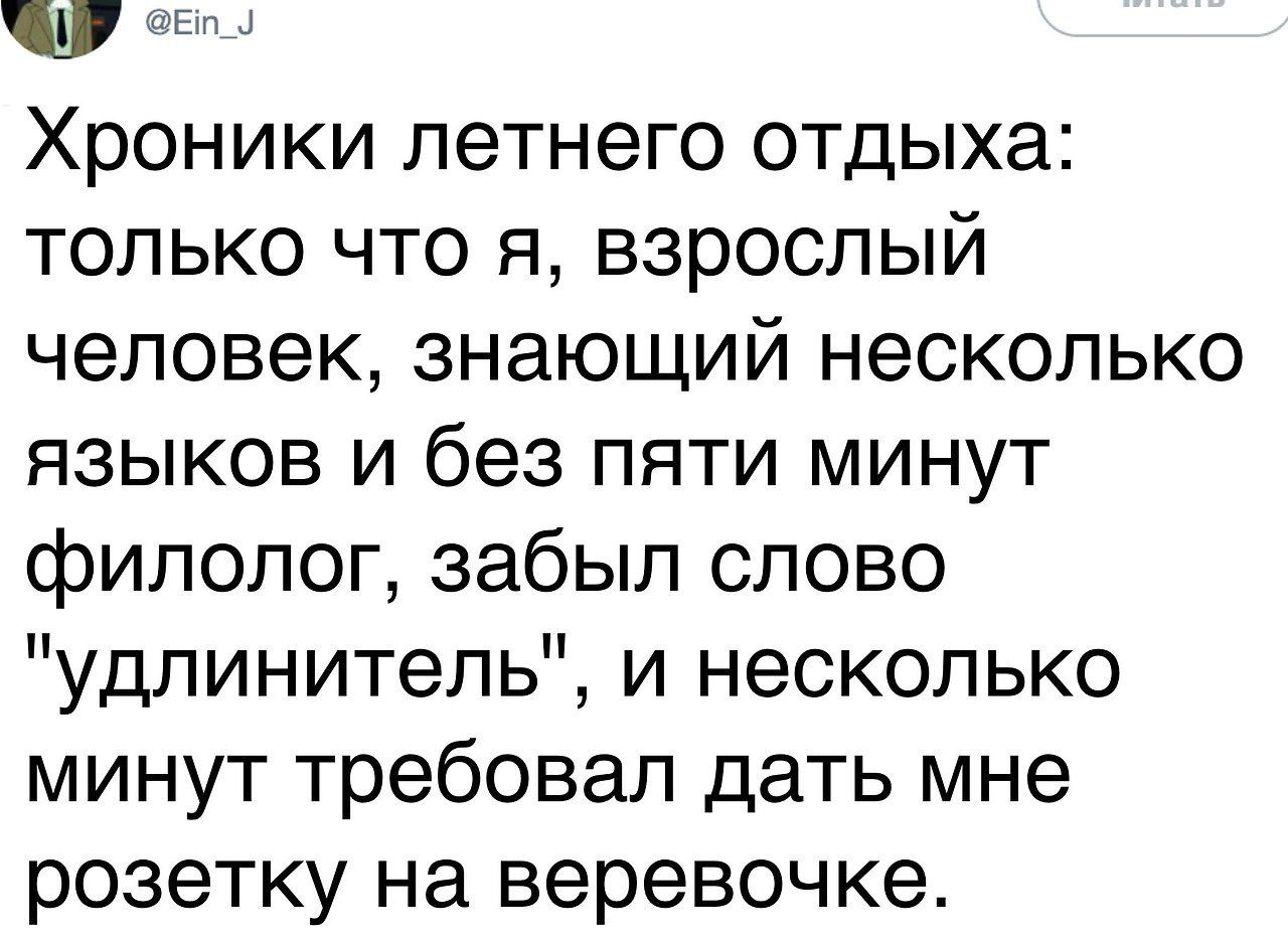 ым Хроники летнего отдыха только что я взрослый человек знающий несколько языков и без пяти минут филолог забыл слово удлинитель и несколько минут требовал дать мне розетку на веревочке