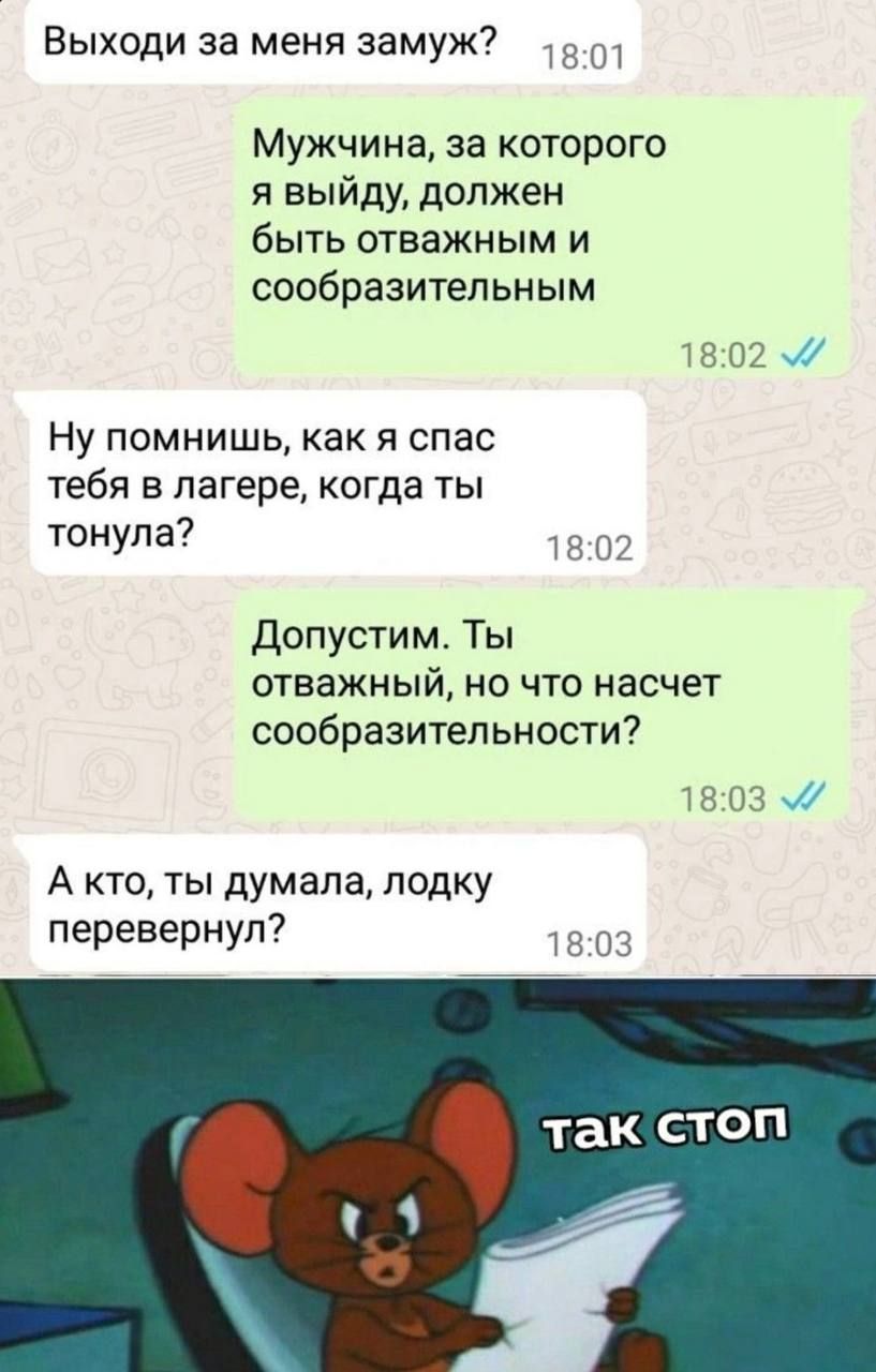 Выходи за меня замуж7 мужчина за которого я выйду должен быть отважным и сообразительным Ну помнишь как я спас тебя в лагере когда ты тонула допустим Ты отважный но что насчет сообразительности А кто ты думала лодку перевернул