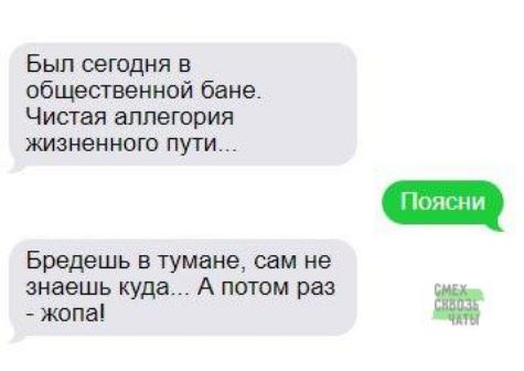 Был сегодня в общественной бане Чистая аллегория жизненного пути Бредешь в тумане сам не знаешь куда А потом раз жопа