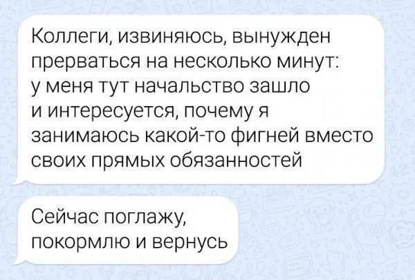 Коллеги извиняюсь вынужден прерваться на несколько минут у меня тут начальство зашло иинтересуется почему я занимаюсь какой то фигней вместо своих прямых обязанностей Сейчас поглажу покормлю и вернусь