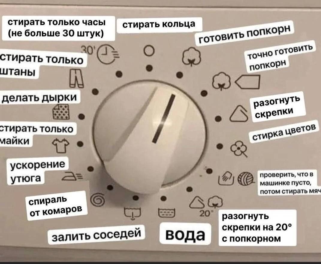 стирать только часы (не больше 30 штук)
стирать кольца
готовить попкорн
точно готовить попкорн
разогнуть скрепки
стирать цветы
ускорение утюга
спираль от комаров
залить соседи
вода
разогнуть скрепки на 20° с попкорном