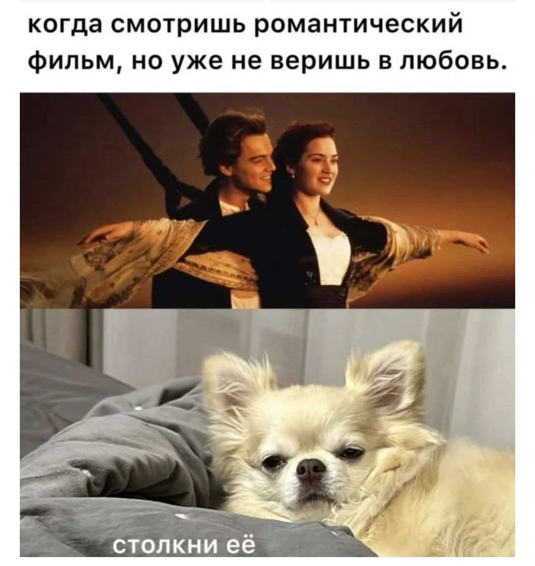 когда смотришь романтический фильм, но уже не веришь в любовь.
столкни её