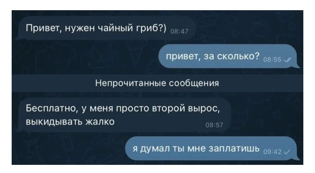Привет, нужен чайный гриб?)
привет, за сколько?
Непрочитанные сообщения
Бесплатно, у меня просто второй вырос, выкидывать жалко
я думал ты мне заплатишь