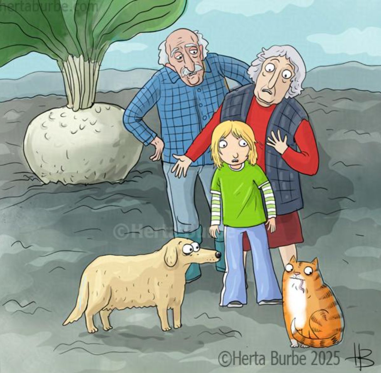 Карикатура: гигантская репа на поле с семьёй и животными.