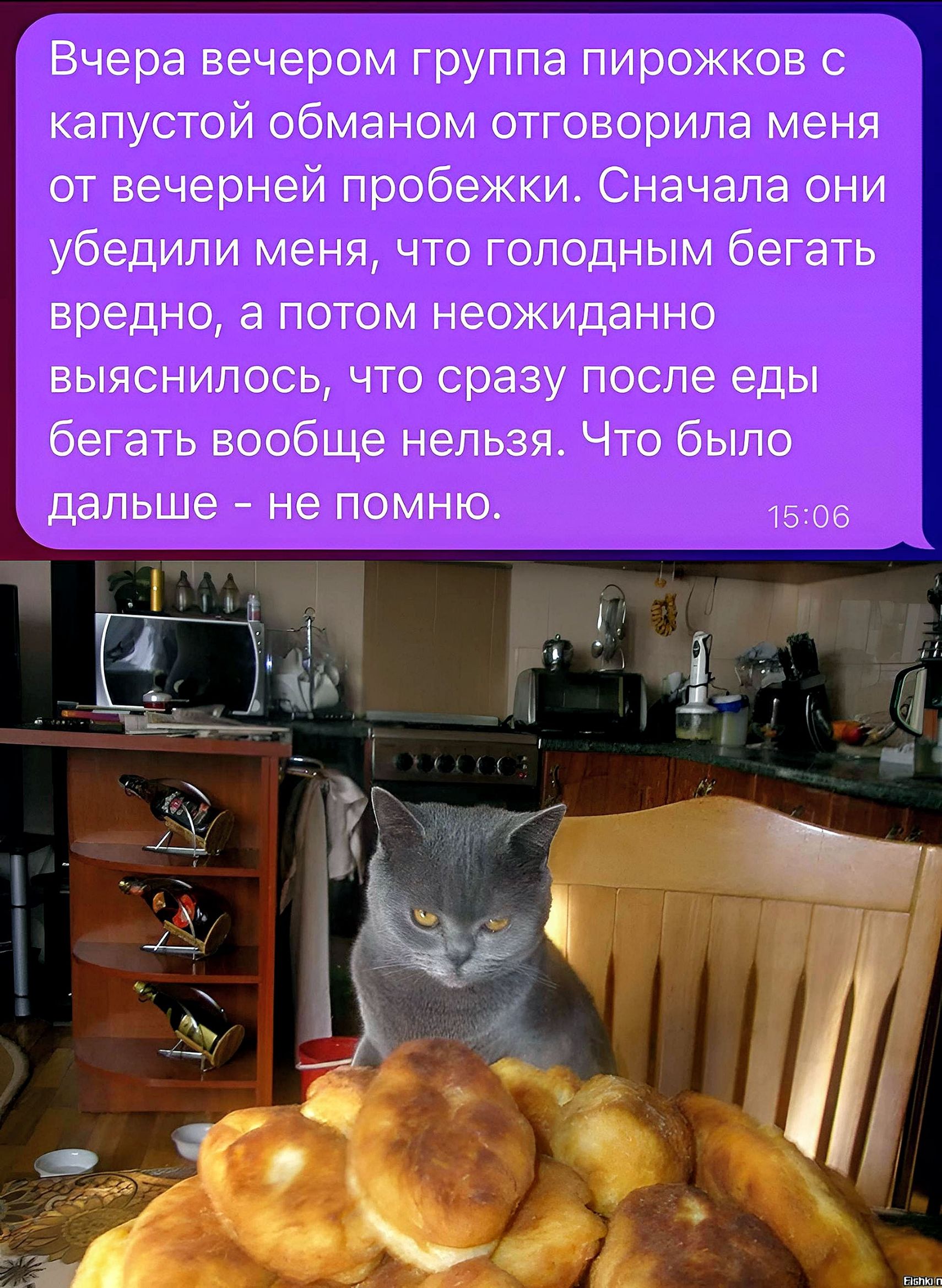 Вчера вечером группа пирожков с капустой обманом отговорипа меня от вечерней пробежки Сначала они убедили меня что голодным бегать вредно а потом неожиданно выяснилось что сразу после еды бегать вообще нельзя Что было дальше не помню 1506