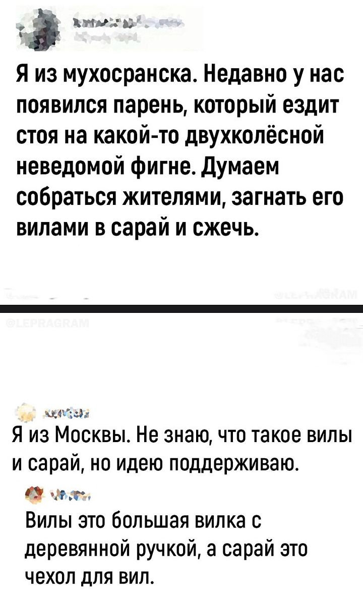 кин ь я из мухосранска Недавно у нас появился парень который ездит стоя на какой то двухколёсной неведомой фигне Думаем собраться жителями загнать его вилами в сарай и сжечь АЭ Я из Москвы Не знаю что такое випы и сарай но идею поддерживаю кн Вилы это большая вилка деревянной ручкой а сарай это чехол для вип