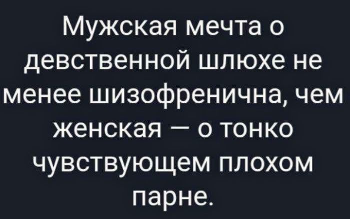 Мужская мечта о девственной шлюхе не менее шизофренична, чем женская — о тонко чувствующем плохом парне.