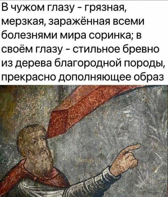 В чужом глазу – грязная, мерзкая, заражённая всеми болезнями мира соринка; в своём глазу – стильное бревно из дерева благородной породы, прекрасно дополняющее образ