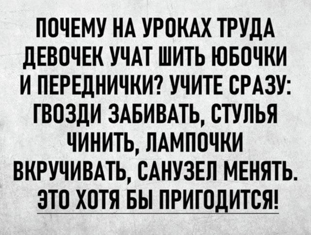 ПОЧЕМУ НА УРОКАХ ТРУДА ДЕВОЧЕК УЧАТ ШИТЬ ЮБОЧКИ И ПЕРЕДНИЧКИ? УЧИТЕ СРАЗУ: ГВОЗДИ ЗАБИВАТЬ, СТУЛЬЯ ЧИНИТЬ, ЛАМПОЧКИ ВКРУЧИВАТЬ, САНУЗЕЛ МЕНЯТЬ. ЭТО ХОТЯ БЫ ПРИГОДИТСЯ!