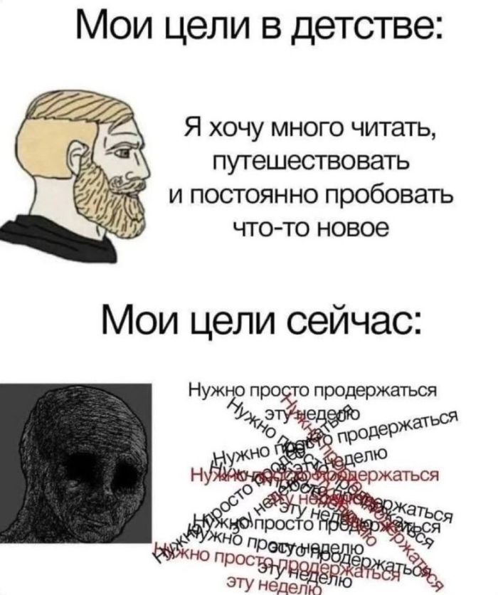 Мои цели в детстве:
Я хочу много читать, путешествовать и постоянно пробовать что-то новое.
Мои цели сейчас:
Нужно просто продержаться.