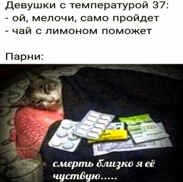 Девушки с температурой 37:
 - ой, мелочи, само пройдет
 - чай с лимоном поможет
Парни:
смерть близко я её чувствую.....