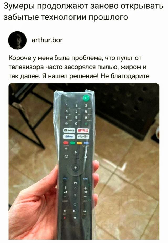 Зумеры продолжают заново открывать забытые технологии прошлого

Короче у меня была проблема, что пульт от телевизора часто засорялся пылью, жиром и так далее. Я нашел решение! Не благодарите.