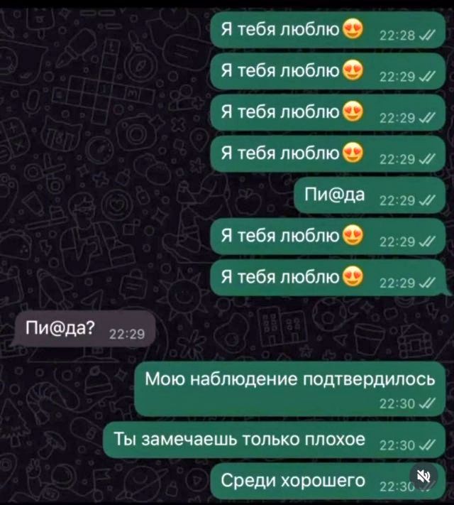 Я тебя люблю
Я тебя люблю
Я тебя люблю
Я тебя люблю
Пи@да
Я тебя люблю
Я тебя люблю
Пи@да?
Моё наблюдение подтвердилось
Ты замечаешь только плохое
Среди хорошего
