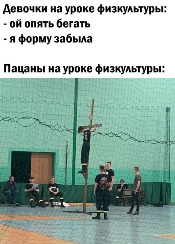 Девочки на уроке физкультуры: - ой опять бегать - я форму забыла Пацианы на уроке физкультуры: