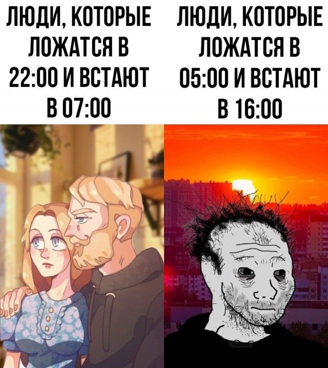 ЛЮДИ, КОТОРЫЕ ЛОЖАЮТСЯ В 22:00 И ВСТАЮТ В 07:00
ЛЮДИ, КОТОРЫЕ ЛОЖАЮТСЯ В 05:00 И ВСТАЮТ В 16:00