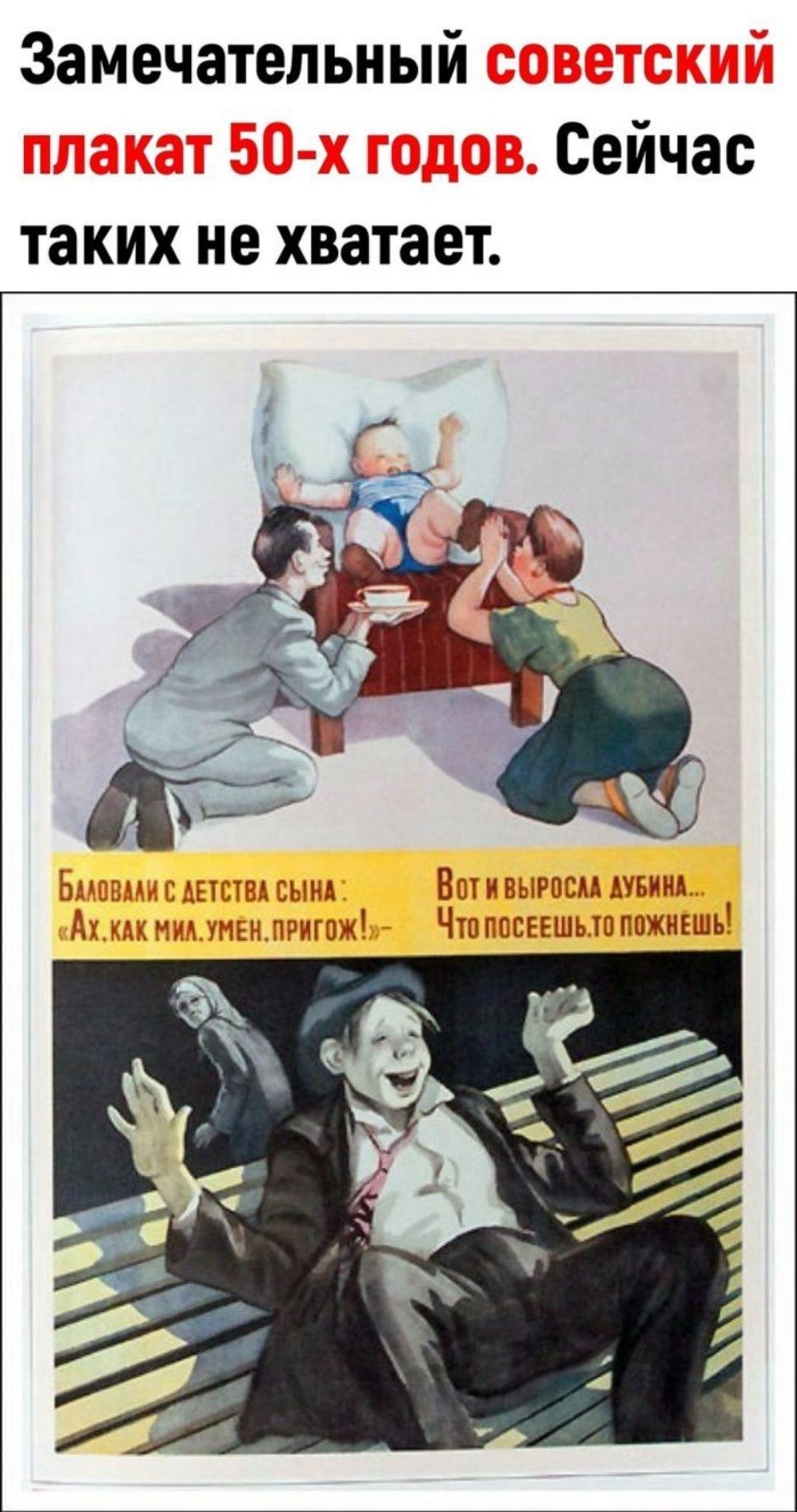 Замечательный советский плакат 50-х годов. Сейчас таких не хватает. Баловали с детства сына: «Ах, как мил, умён, пригож!» Вот и выросла дубина... Что посеешь, то пожнёшь!