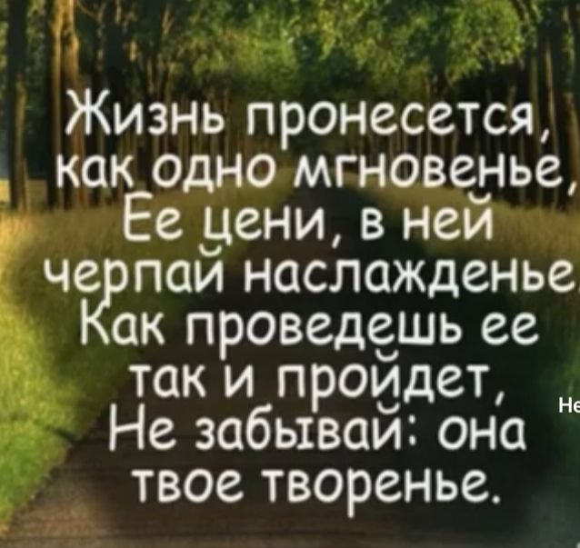 Жизнь пронесется как одно мгновенье Ее уени в ней и че пои наслажденье ак проведешь ее так и пропадет Не забываи оно твое творенье Ні